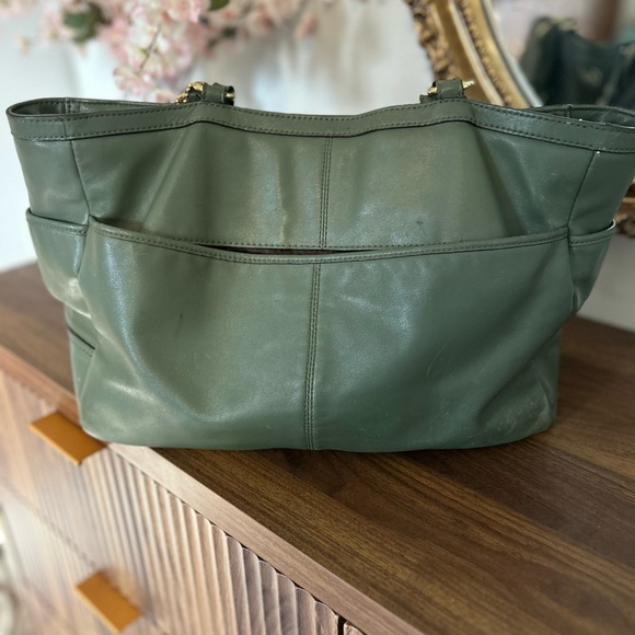 Coach Olive Green Leather Tote | Large Zip Top Shoulder Bag - Picture 5 of 16